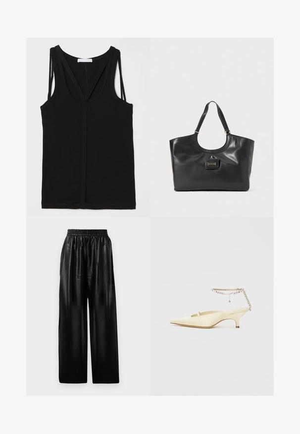 Top negru fără mâneci dintr-un material moale, cu o decolteu adânc și bretele încrucișate. Proiectat cu o siluetă ajustată și cusături plate.; Pantaloni largi din piele neagră cu talie elastică, având două buzunare laterale și o textură netedă și lucioasă.; Pantof cu vârf ascuțit din satin galben, cu toc jos și o curea degleznă decorativă cu lanț și strasuri. Textură netedă, design minim.; Geanta tote din piele neagră cu un finisaj lucios, parte superioară curbată, două bretele pentru umăr și un accent de hardware de nuanță aurie pe față.