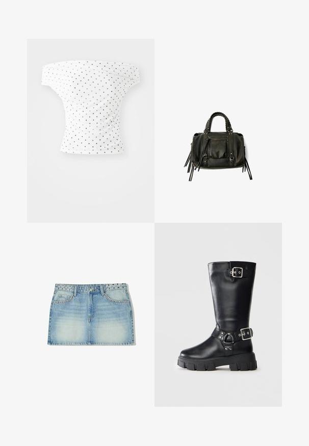 Mornarska majica z naramnicami v beli barvi s črnimi pikami, ki ima oprijet kroj in nabran videz, idealna za vsakodnevno nošenje.; Denim mini krilo v svetlo modri barvi, z okrasnim pasom s konicami, dvema prednjima žepoma in ravnim krojem z zbledelim teksturiranjem.; Črne usnjene škornje do meč s debelim profiliranim podplatom, dva srebrna zaponka - en na vrhu in en okoli gležnja.; Črna usnjena torba s pletenimi ročaji, žepom na zadrgo in visečimi resicami. Teksturična površina z kovinskimi okrasnimi studenčki in dodatki iz kovine.