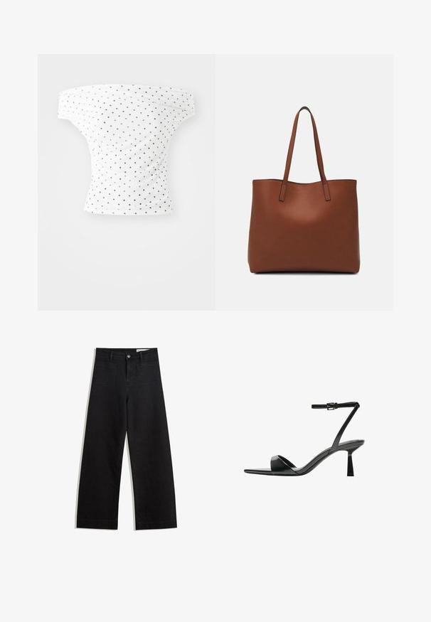 Off-the-shoulder top in white fabric with black polka dots, featuring a fitted shape and gathered texture, ideal for casual wear.; Black wide-leg denim pants with a high waist, featuring front and back pockets, stitched seams, and a button closure. Smooth texture.; Bershka High heeled sandals - black; Brown leather tote bag with a smooth texture, open top design, and two shoulder straps. Features minimal stitching and no visible hardware.