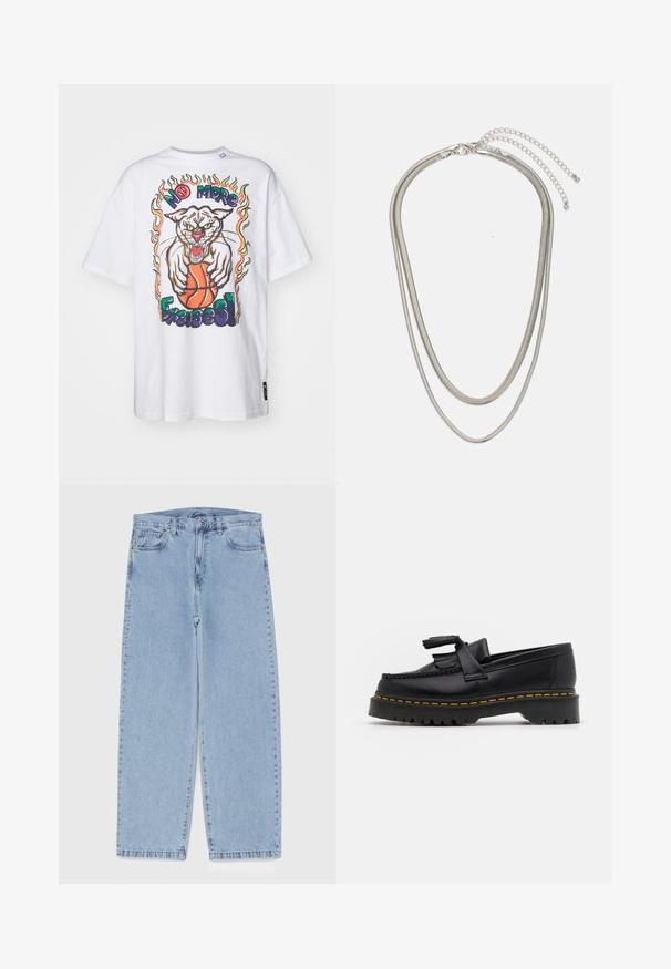 White cotton t-shirt featuring a large graphic of a snarling cat holding a basketball, surrounded by colorful flames and bold text.; Light blue denim jeans with straight leg design, featuring a mid-rise waist, five pockets, and a button and zipper closure.; Black leather loafer with a tasseled accent, featuring a chunky black sole and yellow stitching along the edge. Textured finish.; Three-layered silver metal necklace featuring sleek, flexible chains with a slight sheen, secured with a lobster clasp and adjustable chain.