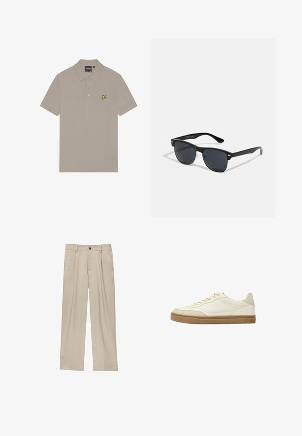 Beige poloshirt van katoen, met een drieknoopsluiting en een klein geel geborduurd vogellogo op de linkerkant van de borst.; Beige broek met een rechte snit, voorzien van een enkele zwarte knoop, riemlussen en zijzakken. Glad stoffen textuur en een minimalistisch ontwerp.; Witte leren low-top sneaker met beige accenten en een textuurrubberen zool. Heeft tonale stiksels en een afgeronde tekening.; Zwarte zonnebril met een rechthoekige vorm, donkere lenzen, zilveren accenten bij de slapen en een matte afwerking op het montuur.