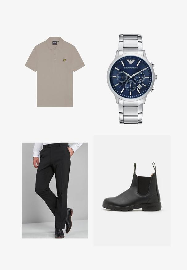 Beżowa koszulka polo wykonana z bawełny, z trzema guzikami na plastrze i małym żółtym haftowanym logo ptaka na lewej piersi.; Czarne spodnie wizytowe o dopasowanym kroju, z gładką teksturą, prostymi nogawkami i pętelkami na pasek, w zestawie z wypolerowanymi czarnymi butami wizytowymi.; Czarne skórzane botki Chelsea z elastycznymi bokami, pętelką do zakładania, wytrzymałą gumową podeszwą i widocznymi szwami. Gładka tekstura na całej powierzchni.; Emporio Armani Zegarek chronograficzny