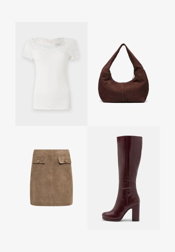 Weißes geripptes Oberteil mit kurzen Spitzenärmeln und einem gewellten Ausschnitt. Der Stoff hat eine glatte Textur und eine taillierte Silhouette.; Brauner Langarm-Top mit weitem Ausschnitt und Knoten-Detail auf einer Seite, aus weichem, strukturiertem Stoff.; Brauner Wildleder-Minirock mit glatter Textur, ausgestattet mit zwei vorderen Klappentaschen und Druckknopfverschlüssen an beiden Seiten. Schlichtes, gerades Design.; Anna Field High Heel Stiefel - red; Braune Wildleder-Hobo-Tasche mit einem gebogenen, breiten Griff und einer großen Öffnung. Weiche Textur mit sichtbaren abgesteppten Details entlang der Kanten.
