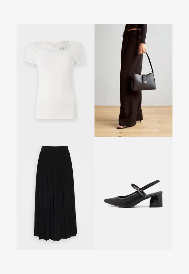 Top blanco de canalé con mangas cortas de encaje y escote con forma de ondas. La tela tiene una textura suave y una silueta ajustada.; Falda negra con plisados y una cinturilla alta y elástica. Fabricada en una tela suave, presenta plisados verticales que crean una silueta fluida.; Tacones slingback de charol negro con punta afilada, un diseño de corte redondeado y tacón bloque. Incluye un detalle de hebilla en tono dorado.; Bolso negro con forma estructurada, textura suave y un cierre metálico. Combinado con pantalones anchos negros y sandalias de dedo en un suelo de madera.