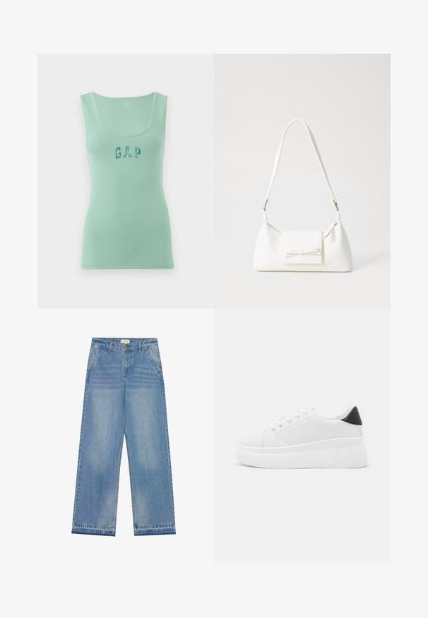 GAP TANK - Top - aqua glass; Jeans de cintura alta, largura larga, em azul claro, com fecho de botão, bolsos frontais, passantes para cinto e detalhes de desbotamento sutis.; Tênis plataforma brancos feitos de material sintético suave, apresentando ponta arredondada, design com cadarços e sola de borracha texturizada. Acento preto no calcanhar.; Mala sintética branca com formato triangular, aba frontal plana e detalhe de laço, alça ajustável, textura suave e design minimalista.