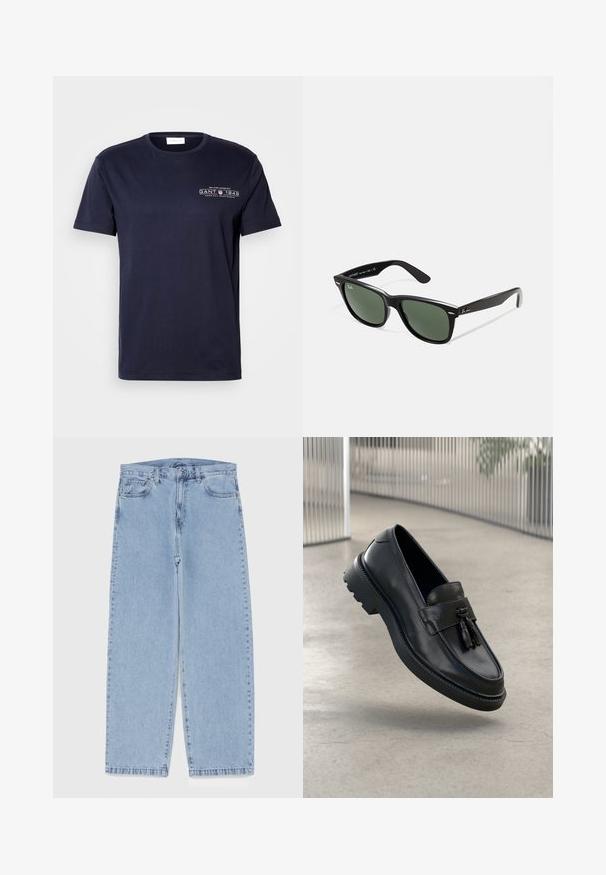 Mornarsko bombažno majico z okroglim izrezom, kratkimi rokavi in sprednjim tiskom z napisom "GANT 1949" v beli barvi. Gladka tekstura, klasičen kroj.; Svijetloplave traperice s ravnim nogavicama, srednjeg struka, pet džepova te zatvaranjem na gumb i munju.; Črni usnjeni mokasini z gladkim zaključkom, dekorativnimi cofki, debelim gumijastim podplatom in všitimi poudarki. Lahka in elegantna zasnova.; Črne plastične sončna očala z zelenimi lečami, kvadratni okvirji, srebrni detajl na obrvi in teksturirani ročaji. Blagovna znamka navedena na notranji strani ročaja.; Črna sintetična torbica s snemanjem na zadrgo, zapestno zanko in gladko teksturo. Ima diskretno šivanje in logotip vtisnjen na sprednji strani.