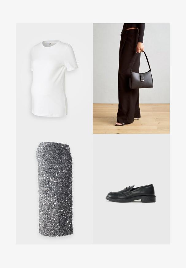 Camiseta de maternidad blanca hecha de algodón suave, con mangas cortas, un cuello redondo y un diseño ajustado que se adapta a una barriga en crecimiento.; Vestido plateado con lentejuelas, de forma ajustada, textura suave y un patrón degradado de gris oscuro a claro, corto en el dobladillo.; Mocasines de cuero negro con punta redondeada, detalles de costura y un pequeño tacón. Textura suave y suela de goma flexible.; Bolso negro con forma estructurada, textura suave y un cierre metálico. Combinado con pantalones anchos negros y sandalias de dedo en un suelo de madera.