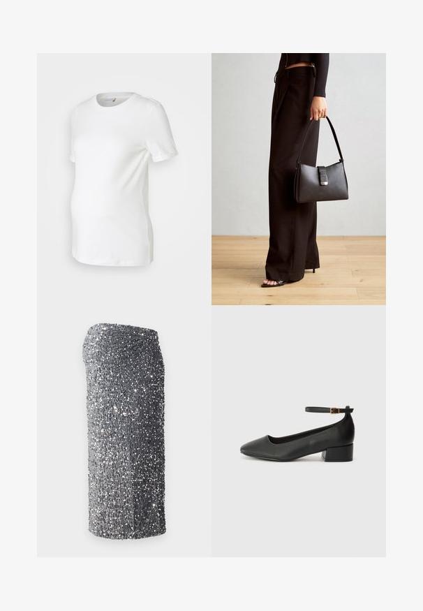 Vitt graviditetströja i mjuk bomull, med korta ärmar, rund halsringning och en figurnära design som rymmer en växande mage.; Silverfärgad paljettklänning med en figurnära passform, mjuk textur och ett gradientmönster från mörk till ljusgrå, kort vid fållen.; Svart läderpump med spetsig tå och en låg klack. Har en ankelsnodd med en guldtonad spänne. Slät textur.; Svart handväska med strukturerad form, slät yta och metallspänne. Matchad med vida svarta byxor och sandaler med öppen tå på trägolv.