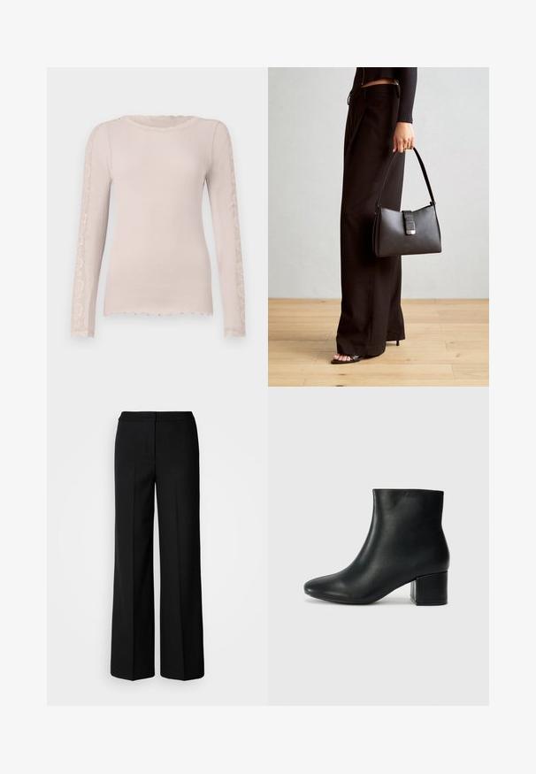 Šviesiai rožinė, ilgo rankovių, raukšlėta palaidinė su banguotu apykakle. Nėrinių akcentai einantys per rankoves, suteikia tekstūrą ir detalumą.; Juodos plačios kojų kelnės su lygia medžiaga, pasižyminčios aukštu liemeniu, pritaikytais siūlėmis ir minimalistiniu dizainu. Nėra matomų metalo detalių ar kišenių.; Juodos odinės aulinės botai su smailiu priekiniu pirštu ir storu kulnu. Lygus tekstūra su minimaliomis detalėmis ir elegantišku, tvirtai priglundančiu dizainu.; Juodas rankinė struktūrizuota forma, lygi tekstūra ir metalinis užsegimas. Suporuota su plačiomis juodomis kelnėmis ir atvirais bateliais ant medinių grindų.