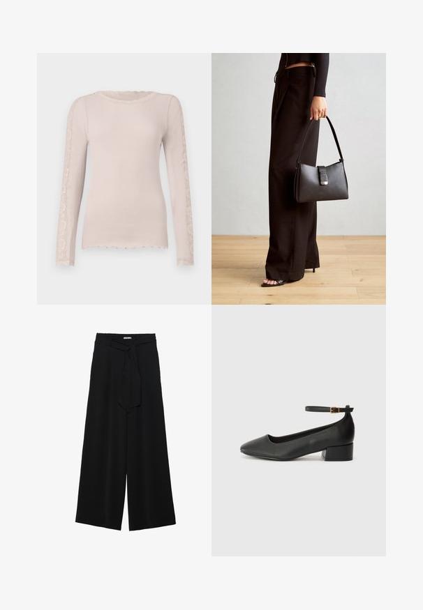 Hosszú ujjú, bordázott felső világos rózsaszínben, fodros nyakkivágással. Csipke díszítések futnak le az ujjakon, textúrát és részleteket adva.; Fekete, bő szárú nadrág, texturált anyagból, rugalmas derékpánttal és levehető sállal a derekán, amely állítható illeszkedést biztosít.; Fekete bőr magassarkú cipő hegyes orral és alacsony tömb sarkal. Bokapánttal rendelkezik, aranyszínű csattal. Simább textúra.; Fekete kézi táska strukturált formával, sima textúrával és fémből készült záródással. Széles fekete nadrággal és nyitott orrú szandállal párosítva, fából készült padlón.
