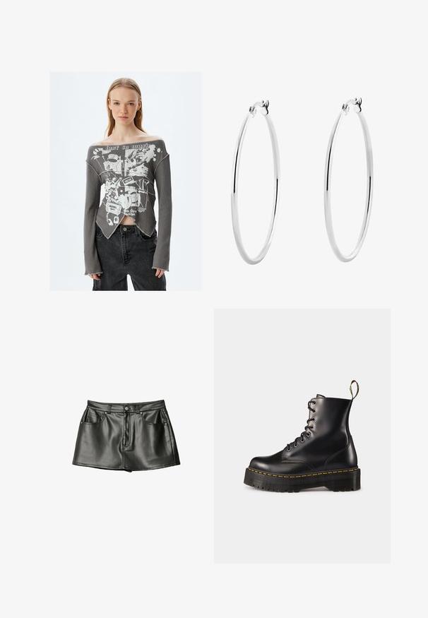 Top grigio a coste, off-the-shoulder, con maniche lunghe e una grafica bianca che presenta elementi musicali, orlo grezzo e lati tagliati.; Gonna mini nera in pelle con texture liscia, dotata di due tasche frontali e dettagli in metallo. Lunghezza corta e taglio classico.; Stivali alla caviglia in pelle nera con lacci, dotati di una suola nera spessa e cuciture gialle. Presentano una linguetta sul retro e occhielli metallici circolari.; Orecchini a cerchio in argento con una superficie liscia e lucida e una forma circolare sottile. Il design presenta una chiusura sicura.
