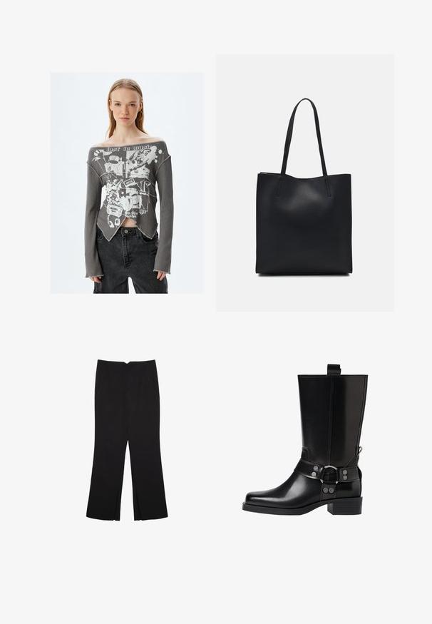 Szary, prążkowany, długi top bez ramion z białym graficznym wzorem zawierającym elementy muzyczne, surowym wykończeniem i rozcięciami po bokach.; Czarne spodnie o prostym kroju, z przednimi kieszeniami i bocznymi rozcięciami na dole. Wykonane z miękkiego, gładkiego materiału. Odpowiednie na różne okazje.; Czarne skórzane buty za kolano z wydłużonym noskiem, srebrnymi akcentami w postaci klamr oraz masywnym obcasem. Posiadają pętelkę umożliwiającą łatwe zakładanie.; Czarna skórzana torba tote o gładkiej fakturze, prostokątnym kształcie i dwóch długich uchwytach. Brak widocznych elementów metalowych i ozdób.