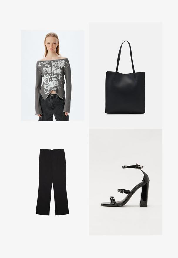 Tummanharmaa ribatusta, olkapään yli ulottuvasta pitkähihaisesta paidasta, jossa on valkoinen graafinen kuvasto musiikillisista elementeistä, raakareunat ja halkiot sivuilla.; Mustat housut suoralinjaisella leikkauksella, joissa on etutaskut ja sivurei'ät helman alla. Valmistettu pehmeästä ja sileästä kankaasta. Sopii eri tilaisuuksiin.; Musta kiiltävä korkokenkä sandaalit neliönmuotoisella varpaalla, nilkkaremmillä ja hopeisilla soljilla. Varustettu tukevalla lohkokorkealla vakauden takaamiseksi.; Mustapahkainen kangaskassi, jossa on sileä pinta, suorakaiteen muotoinen ja kaksi pitkää kahvaa. Ei näkyvää metalliosaa tai koristeita.