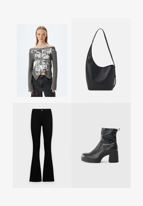 Grå ribbet off-shoulder langærmet top med hvid grafisk design, der indeholder musikalske elementer, råt kant, og udskårne sider.; Sorte højtaljede jeans med knap- og lynlåslukning, forlommer og flagrende ben, lagt fladt på en hvid baggrund.; Sorte ankelstøvler lavet af glat læder, med en sidelukning, kraftig struktureret hæl og rundt tådesign.; Sort læder hobo taske med en glat overflade, buet form og en enkelt justerbar rem; har en bred åbning øverst.