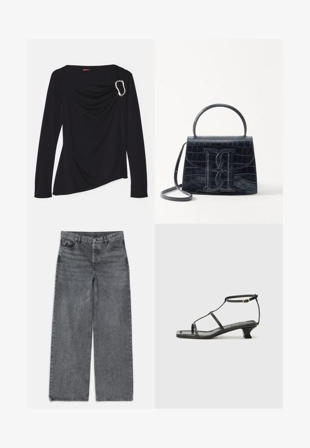 Stine Goya LONG SLEEVE WITH FIXED BUCKLE DAY TO EVENING - T-shirt à manches longues - jet black; Jeans large en denim gris foncé. Comprend une taille haute, un design à cinq poches et une fermeture à bouton à l'avant. Texture lisse avec un léger dégradé.; Sandale en cuir noir avec un bout carré, des fines lanières, une bride de cheville ajustable et un petit talon. Présente un petit accent doré sur la lanière.; Sac à main en cuir noir embossé en crocodile avec un design structuré, une poignée supérieure, une bandoulière ajustable et un détail de logo en avant bien visible.