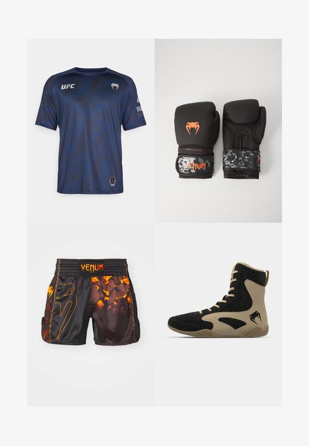 Camiseta deportiva de color azul marino con mangas cortas, patrón texturizado y logo de UFC en el pecho. Elaborada con tela ligera que absorbe la humedad.; Pantalones cortos Venum en negro y naranja con un acabado brillante, patrones de camuflaje en contraste y una cinturilla elástica con detalles de logo.; Zapatilla deportiva de caña alta con un exterior de malla negra y acentos en beige. Suela de goma texturizada y detalle del logotipo en el costado.; Guantes de boxeo negros con acabado mate y diseño ergonómico. Detalles del logo en naranja y tiras de muñeca con patrón de camuflaje.