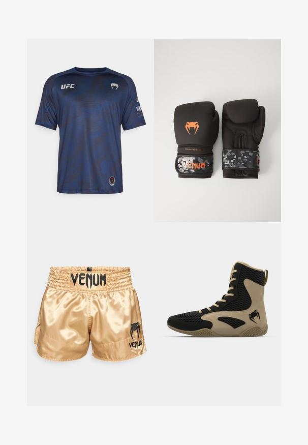 Marineblå treningst-skjorte med korte ermer, teksturert mønster og UFC-logo på brystet. Laget av lett, fukttransporterende stoff.; Gylne sateng bokseshorts med svart "VENUM" logo på midjebåndet og siden, med en jevn tekstur og elastisk midjebånd for komfort.; Høye idrettssko med svart nettverksutside og beige detaljer. Teksturert gummisåle og logo på siden.; Svarte boksinghansker med matt finish og ergonomisk design. Oransje logo-detaljer og håndleddsstropper med kamuflasjemønster.