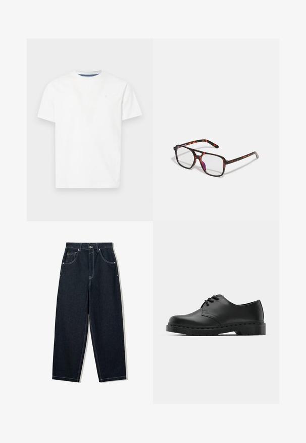 Biela krátkopesťová tričko z bavlny. Obsahuje okrúhly výstrih s modrým vnútorným lemovaním a jemne vyšívané logo na hrudi.; Široké tmavé denims nohavice s kontrastným bielym prešívaním, piatimi vreckami a zapínaním na gombík. Vyznačujú sa vysokým pásom.; Čierne kožené oxfordky s viazaním, zaoblenou špičkou, plochou gumovou podrážkou a jemným prešívaním pozdĺž hornej časti.; Okuliare so vzorom korytnačiny s obdĺžnikovými šošovkami, čierno-oranžové rámčeky, s lesklým povrchom a štíhlymi ramenami.