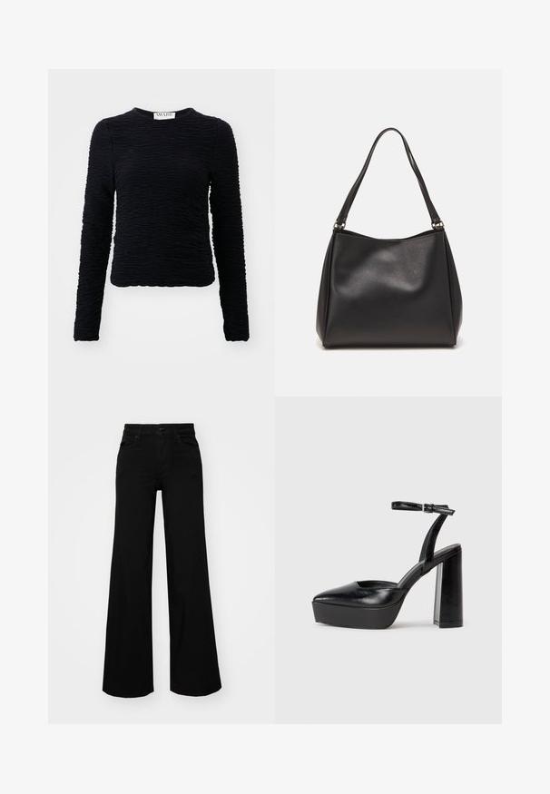 Sort langærmet top lavet af struktureret materiale med en krøllet design, med en rund halsudskæring og en kant der sidder ved taljen.; Sorte bukser med bred benvidde lavet af denim, med en struktureret talje, bæltesløjfer og forlommer. Glat tekstur med et klassisk design.; Sorte platformhæle med spidse tæer og justerbar ankelrem. Construeret i glat læder, med en kraftig blokhæl.; Sort syntetisk lædertaske med blød tekstur, hobo-form og dobbelte skulderremme; har en blank overflade og minimalistisk design.