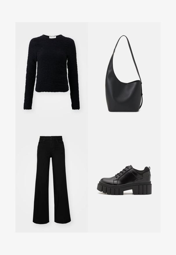 Must alussärk, millel on pikad varrukad, tekstuuriga materjal ja kirtsutatud disain. Särgil on ümar kaelus ja talje piirkonda ulatuv hem.; Mustad mustad püksid, mis on valmistatud denimist, struktuurse vöökohtade, vöökootidega ja esikottidega. Sile tekstuur klassikalise disainiga.; Must musta platvormsussid paksu plokkninal, ümmarguse varbaga ja traditsioonilise nööridega kinnitamisega. Sussid on sileda tekstuuriga ja minimaalsete detailidega.; Mustast nahast hobo kott, millel on sile tekstuur, kumer kuju ja üks reguleeritav rihm; peal on lai avaus.