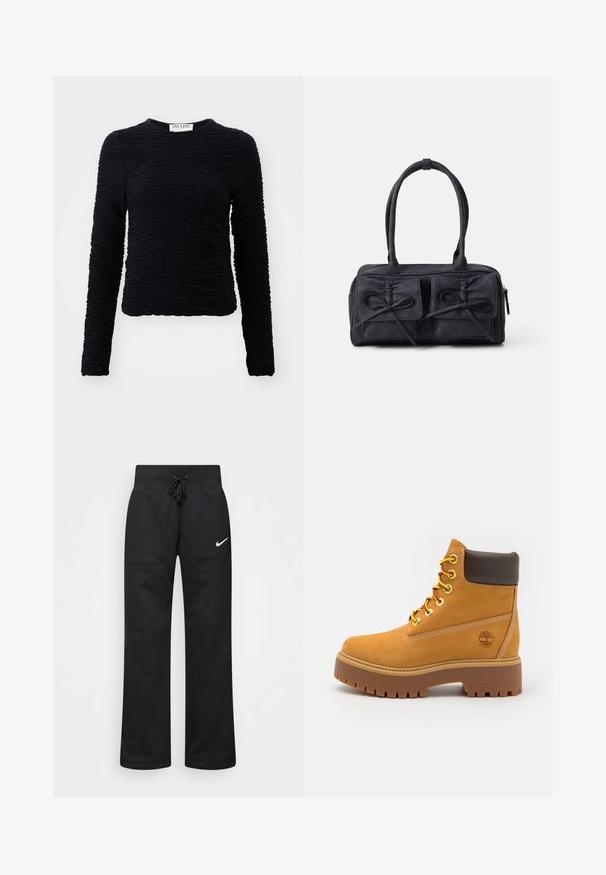 Zwarte langemouwen top van textuurmateriaal met een gekreukeld ontwerp, voorzien van een ronde hals en een zoom die op de taille ligt.; Zwarte sweatpants van een katoenmix, voorzien van een tailleband met koord, rechte pijpen, en een wit Nike-logo aan de linkerzijde.; Tan waterdichte enkelboot met een stevige rubberen zool, ronde neus, bruine leren kraag, gele veters en een logo aan de zijkant.; Zwarte stoffen handtas met twee voorzakken met strikdetails, dubbele handvatten en ritssluiting. Zachte textuur en rechthoekige vorm.
