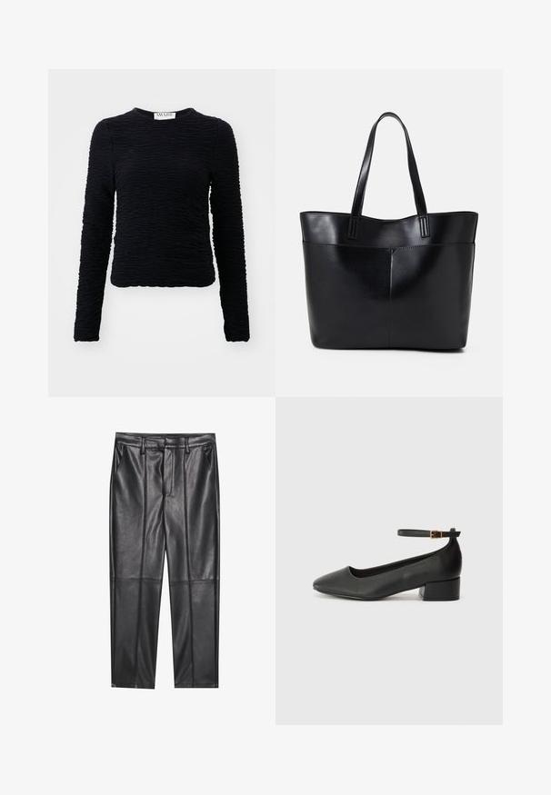 Czarna bluzka z długim rękawem, wykonana z teksturowanego materiału z pomarszczonym wzorem, z okrągłym dekoltem i dołem sięgającym w talii.; Czarne skórzane spodnie o gładkiej fakturze, z prostym krojem, dwoma przednimi kieszeniami i widocznymi szwami.; Czarne skórzane szpilki z ostrym noskiem i niskim słupkowym obcasem. Wyposażone w pasek na kostkę z złotym zapięciem. Gładka tekstura.; Czarna skórzana torba na ramię z dwoma długimi uchwytami, gładką teksturą i sztywną formą. Posiada przednią kieszeń dla dodatkowego przechowywania.