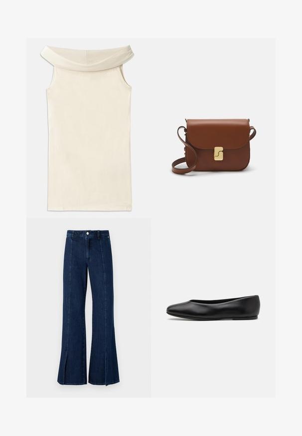 Off-the-shoulder beige dress made of smooth fabric, featuring a wide neckline and sleeveless design, with a straight cut and clean hem.; Wide-leg denim jeans in dark blue, featuring a high waist, slit at the hem, and classic five-pocket design with metal button closure.; Paul Smith TOPANGA - Ballet pumps - black; Brown leather handbag with a flap closure, gold-tone hardware, a shoulder strap, and a smooth texture. Compact rectangular shape.