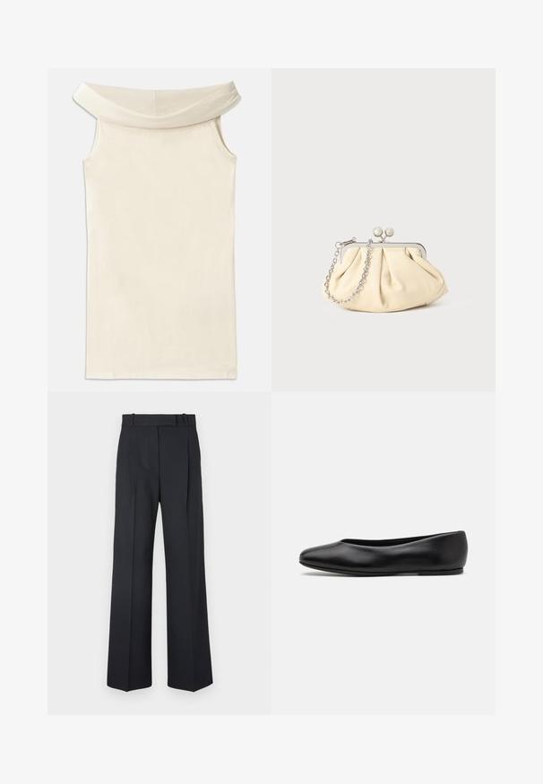 Abito beige off-the-shoulder realizzato in tessuto morbido, con scollatura ampia e design senza maniche, caratterizzato da un taglio dritto e orlo pulito.; Pantaloni a righe blu scuro con vita alta, design a gamba larga e senza hardware o decorazioni visibili. Tessuto liscio e vestibilità sartoriale.; Paul Smith TOPANGA - Ballerine - black; Clutch in pelle beige plissettata con una struttura in metallo argento, dotata di due chiusure decorative rotonde e una tracolla in catena argentata.