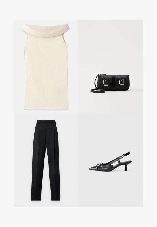 Beige suknelė be petnešų, pagaminta iš lygaus audinio, su plačiu iškirpimu ir be rankovių, tiesaus kirpimo ir švariu apdailu.; Juodos kelnės iš lygaus audinio, pasižyminčios aukštu liemeniu, plačiomis kojomis, priekinėmis klostėmis ir klasikiais diržo kilpomis. Šoninių kišenių nematyti.; Juodas odinis slingback tipo batai su smailiu priekiniu atvartu, dekoratyvinėmis sagtimis su metaliniais akyčiais ir žemu blokiniu kulnu. Saldus paviršius.; Juodas odinis per petį nešiojamas krepšys su dviem priekiniais kišenėmis, auksiniais sagtimis, užtrauktuko uždarymu ir siauromis petnešomis. Textūruota paviršius ir kompaktiškas stačiakampis formatas.