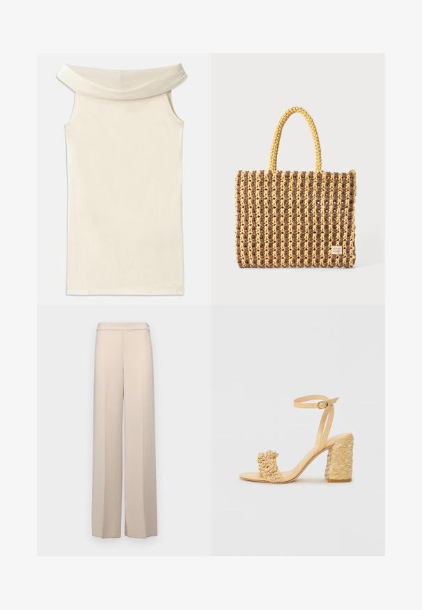 Off-shoulder beige klänning gjord av slät tyg, med en vid halsringning och ärmlös design, med rak skärning och ren fåll.; Beige vida byxorna i ett mjukt tyg, med hög midja och subtila främre veck. Inga fickor eller synliga hårdvarudetaljer.; Beige högklackad sandal med flätad textur, prydd med en dekorativ blomma och vristrem. Fyrkantig klack ger stabilitet.; Vävd väska i brunt och gult, med rektangulär form, två handtag och en texturerad yta med synliga sömmar och ett varumärkesmärke.