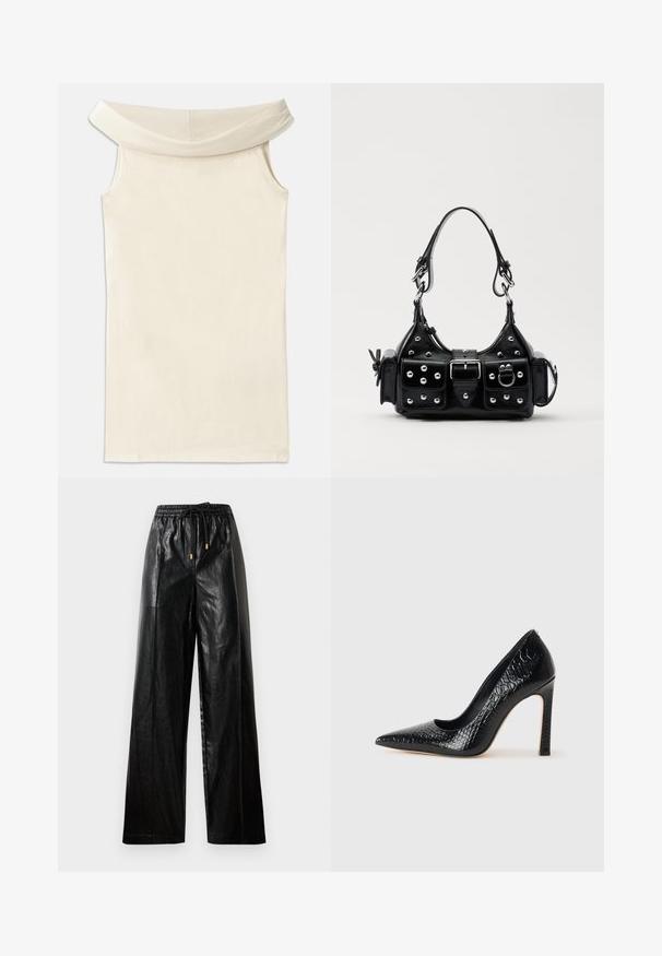 Kremlis bezsānu bežs kleita, kas izgatavota no gludas auduma, ar plašu apkakli un bez piedurknēm, taisna silueta un tīra apakšmala.; Melni ādas bikses ar plašu kāju griezumu, elastīgu jostu, auklām un zelta detaļām. Gluda tekstūra un brīvs piegriezums.; Melni augstpapēžu apavi ar norādītu purngalu, ar krokodila ādas tekstūru, izceļoties ar elegantu dizainu, augstu stiletto papēdi un gludu melnu interjeru.; Melnas ādas rokturmais ar izliekumu, ar sudraba iedurtiem, sprādzi un divām sānu kabatām. Regulējams siksniņas garums dažādām nēsāšanas iespējām.