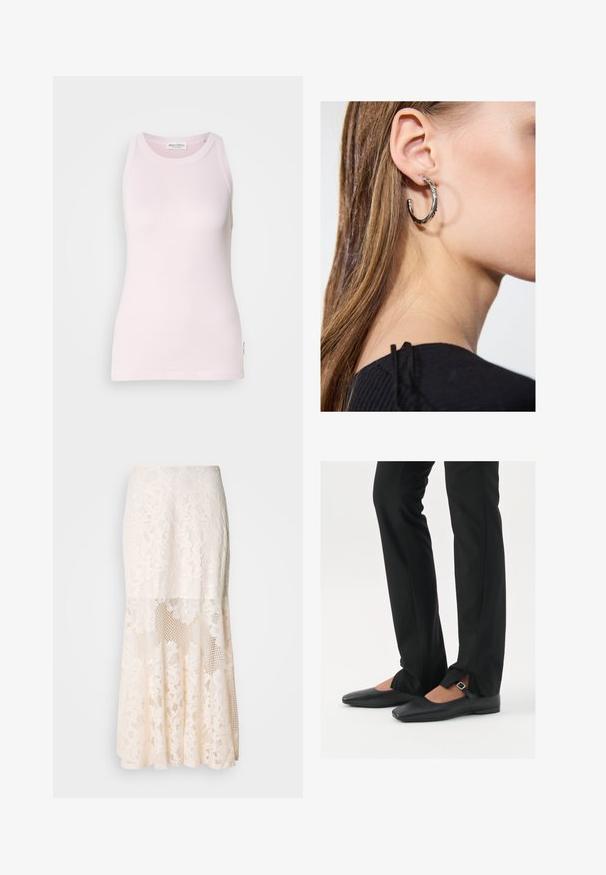Lys rosa ermeløs tanktop laget av myk bomull. Den har rund hals og en tettsittende design med et merke på sidedelen.; Blomsterbroderi midi skjørt i krem; har lagd design med gjennomsiktige seksjoner, teksturert blonde og flared kant.; Svart skinnballett-sko med spiss tå, stropp med sølvspenne, kombinert med svarte skreddersydde bukser med splitt i kanten.; Sølv ringøredob med en polert finish, med små gull detaljer og en rund form, båret på øreflippen.