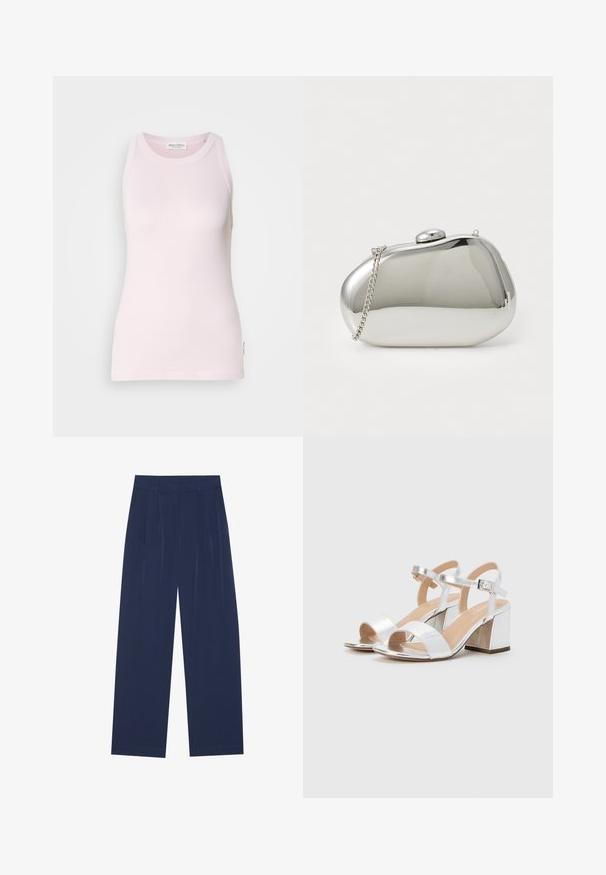 Heledast roosast värvi ilma varrukateta T-särk, mis on valmistatud pehmest puuvillakangast. Omab ümarat kaelust ja peegeldavat lõiget, kus on küljeõmblusel sildike.; Tumedat sinised laiad püksid pehmest kangast, millel on esipleekid, sile pind ja sirge lõige, ilma nähtavate taskuteta.; Hõbedased kõrged kontsad avatud varvastega, millel on kaks laia rihma ja ümar plokknina. Sile tekstuur metallikviimistlusega.; Hõbe metallist kott, millel on ümar ja sile kuju. Varustatud klambriga sulgemisega ja eemaldatava kettpaelaga. Peegeldav pind, ilma mustriteta.