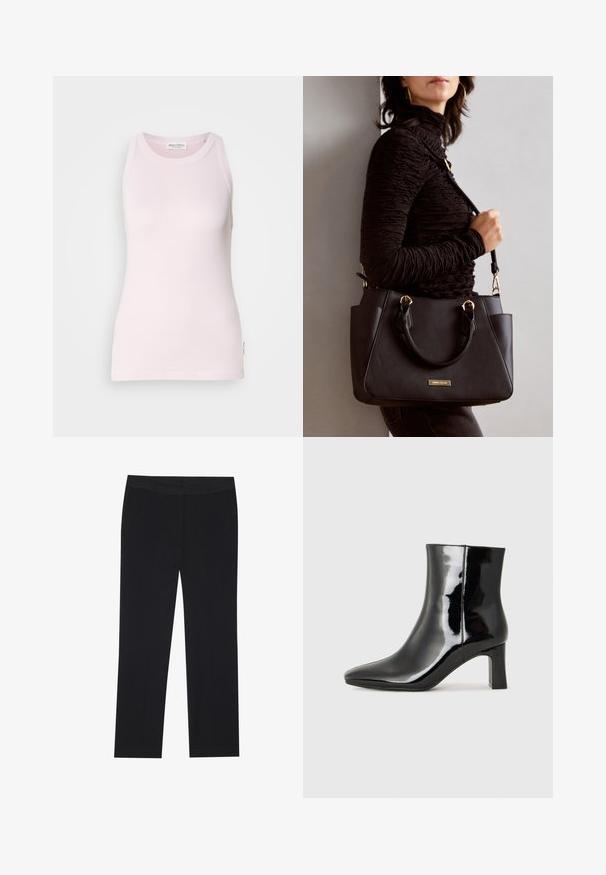 Top sem mangas de cor rosa claro, feito de tecido de algodão suave. Apresenta um decote redondo e um design ajustado, com uma etiqueta na costura lateral.; Calças pretas com um design de perna reta, apresentando bolsos laterais e uma textura de tecido suave. Detalhes mínimos, cós limpo.; Botim de tornozelo em pele sintética preta com bico apontado e salto bloco de altura média. Textura suave e design minimalista.; Bolsa preta com superfície texturizada, alças superiores duplas e alça de ombro ajustável. Apresenta ferragens em tom dourado e bolsos laterais.