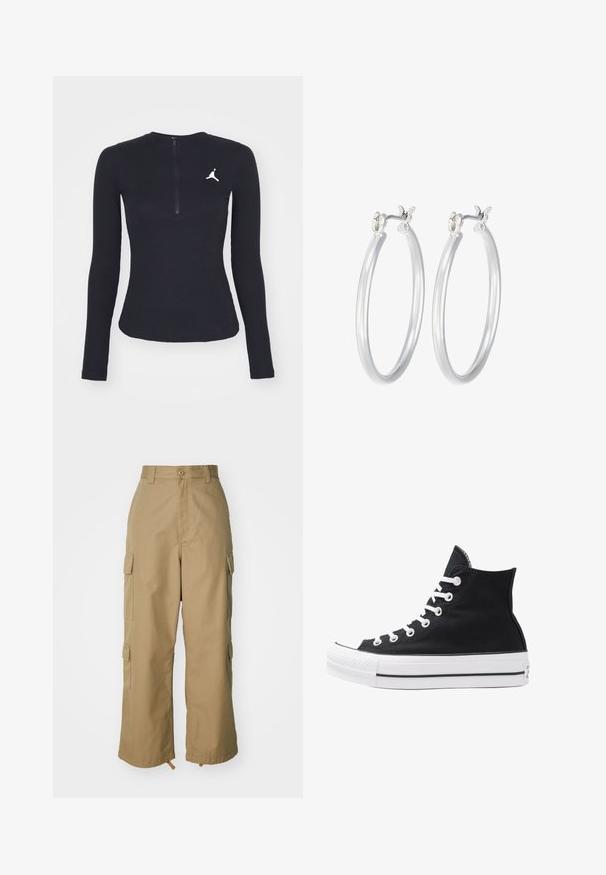 Crni rebrasti longsleeve s visokim ovratnikom i kratkim patentnim zatvaračem. Sadrži bijeli Jordan logo na lijevoj strani prsnog koša.; Bež cargo hlače visokog struka, širokih nogavica i četiri velika bočna džepa. Napravljene su od izdržljivog materijala s glatkom teksturom i minimalnim detaljima.; Visoke crne platnene tenisice s bijelim rupama, vezicama i gumenim potplatom. Imaju teksturirani vrh i crno-bijele pruge kao ukrase.; Srebrne kružne naušnice s glatkom, poliranom površinom. Okrugli oblik i sigurno kopčanje na klik. Lagani dizajn pogodan za svakodnevno nošenje.