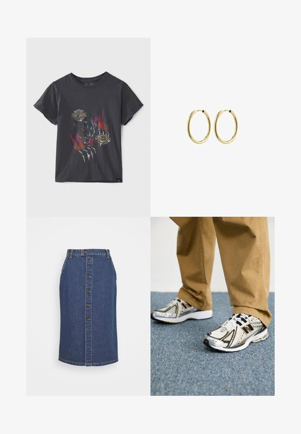 Juodas medvilninis marškinėliai su grafika, vaizduojančia leopardą, bei Harley-Davidson ir Dickies logotipais. Trumpomis rankovėmis ir apvaliu iškirpimu.; Tamsiai mėlyna džinsinė pieštuko sijonas, su priekiniais sagų užsegimais, vertikalių siūlių detalėmis ir klasikine apdaila.; Balti ir sidabriniai New Balance sportbačiai su juodais akcentais ir raišteliais, turintys tinklinę viršutinę dalį, paminkštintą padu ir dinamišką dizainą.; Auksiniai metaliniai kilpiniai auskarai su lygiu paviršiumi, apvalia forma ir saugiu užsegimu. Lygus paviršius be matomų raštų ar akcentų.