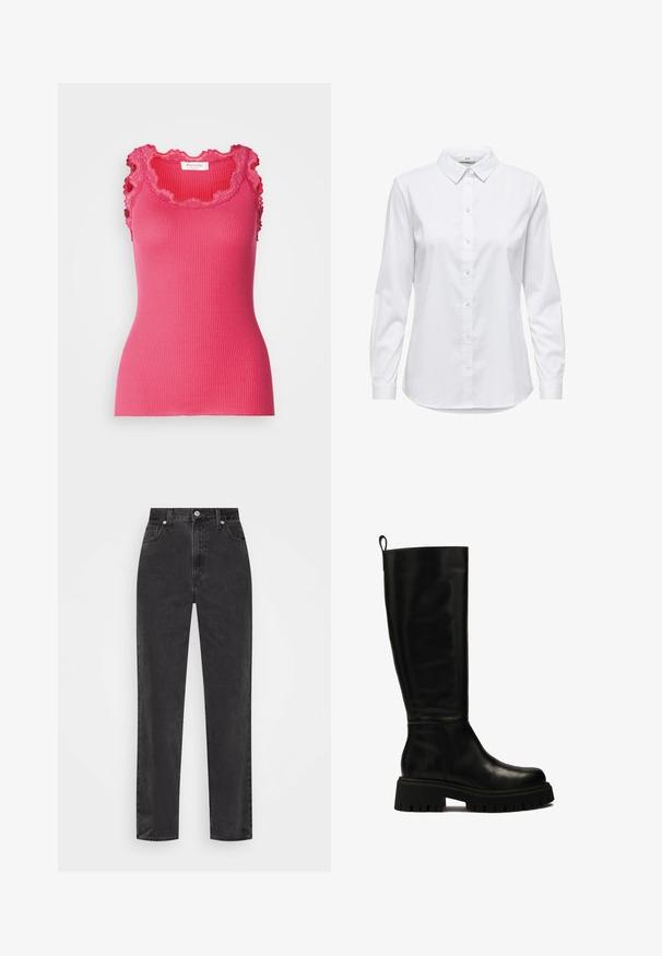 Rosemunde BABETTE U NECK - Linne - pink berry; Vit skjorta med långa ärmar, strukturerad krage och rundad nederkant. Tillverkad av ett mjukt, enhetligt tyg utan synliga mönster eller detaljer.; Svarta jeans med rak benstil och hög midja, framknapp och dragkedja, samt fem fickor mot en vit bakgrund.; Svarta knähöga läderstövlar med en strömlinjeformad design, rund tå och kraftig gummisula med djupa spår samt en dragflik högst upp.
