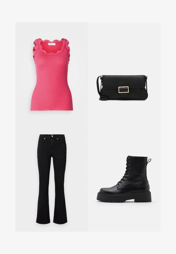 Rosemunde BABETTE U NECK - Felső - pink berry; Fekete, harangszárú farmernadrág, közepes üléssel, első zsebekkel és gombzárral. Simább textúra minimális varrási részletekkel.; Fekete bőr bokacsizma, kerek orral, fűzős elülső résszel és vastag, texturált gumitalppal. Húzófül hátul.; Fekete bőr kézitáska hajtóka részlettel és aranyszínű fém csattal. Tartalmaz egy fekete pántot és egy letisztult, minimális dizájnt.