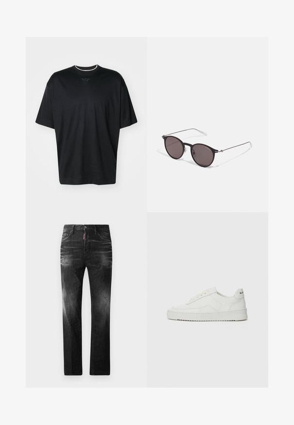 Emporio Armani Basic T-shirt - black; Black denim jeans with a straight fit. Features faded areas, minor distressing, classic five-pocket design, and a button closure.; White leather sneaker with a smooth finish, round toe, flat laces, and a textured sole. Features a subtle logo on the heel.; Black round sunglasses with dark lenses and slim metal arms. Includes clear temple tips and silver accents at the hinge. Minimalist design.