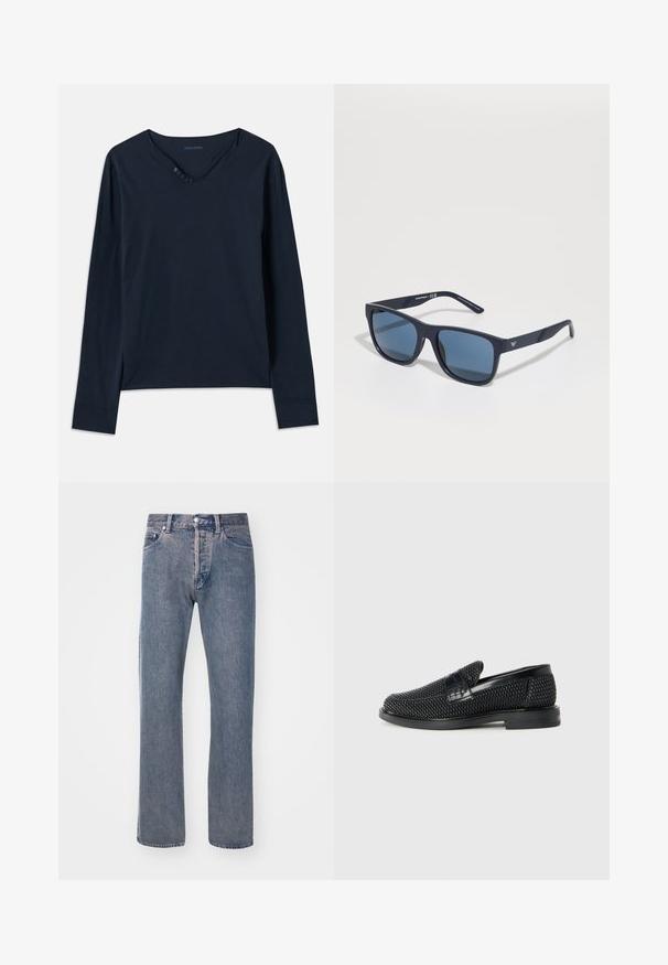 Pika-salongi, tumesinise värvi T-särk, mis on valmistatud pehmest puuvillast. Omab v-kaela, viis nuppu ning diskreetseid külgpilu ääres.; Heled sinise otste säärega teksad, mis on valmistatud denimist, viie tasku disainiga, lukuga ja eristuvate õmbluse detailidega.; Must musta kootud slip-on king, millel on pehme nahast accent ülaserval, ümmargune varvas ja madal profiiliga kummitald.; Sinine ristkülikukujuline prillid tumedate läätsedega, matt laevastiku raam, logo detail templil, sirged käed ja kindel, sile tekstuur.