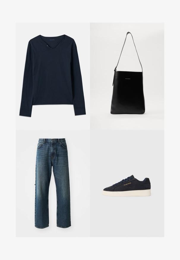 Hosszú ujjú, sötétkék póló, puha pamutból készült. V-nyakú, öt gombbal díszített, és a szegélyén diszkrét oldalslicc található.; NN.07 OTIS - Egyenes szárú farmer - stonewashed; Sötétkék velúr, alacsony szárú teniszcipő fehér talppal, sötétkék fűzőkkel és arany színű "Filling Pieces" logóval az oldalán.; Fekete bőrtáska sima textúrával, téglalap alakú, hosszú pánttal; a közepén egy kis fehér logó található.