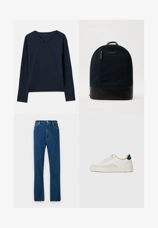Vratni majica z dolgimi rokavi v temno modri barvi, izdelana iz mehkega bombaža. Ima V-izrez z petimi gumbi in subtilne stranske šlice na robu.; Modre jeans iz denima z visokim pasom, ravnim krojem, petimi žepi in kontrastnim oranžnim šivom. Gladka tekstura.; Bela trenerka z zaključki iz semiša, okroglo konico, ravne vezalke in kremna gumijasta podplata. Ima zeleno blagovno znamko na peti.; Nahrbtnik z ohlapnim telom iz temno zelene tkanine in črnim usnjenim dnom. Ima zgornjo ročico in sprednji žep na zadrgo z nalepko.