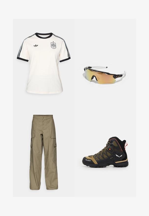 Camiseta color crema con cuello y puños negros, que presenta el logotipo negro de Adidas y el escudo de la selección nacional de España, además de rayas oscuras en las mangas.; Pantalones cargo de tela verde olivo, con un corte holgado, múltiples bolsillos laterales y un cierre de botón en la cintura. Textura suave.; Bota de senderismo de altura media en negro y verde oliva, con parte superior de malla, suela de goma y acentos texturizados, además de una pestaña trasera para tirar.; Gafas de sol con montura en blanco y negro, lentes grandes espejados en tonos dorados y rosas, diseño aerodinámico y un borde exterior ampliado.