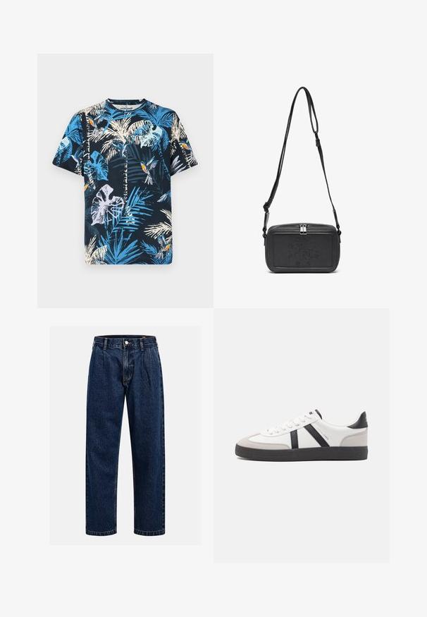 Īsām piedurknēm no kokvilnas izgatavota t-kreklu ar tumši zilas krāsas fonu, uz kura ir spilgti zilas un baltas palmu lapu un putnu apdrukas. Ar apaļu kakla izgriezumu un brīvu piegriezumu.; Tumši zilie džinsu bikses ar taisna kāju dizainu. Iezīmējas redzamas šuves, pogu aizdare un priekšējie gurni papildu detaļām.; Baltas sneakeris ar melniem un pelēkiem akcentiem, kuram ir teksturēts pelēks purngals, melna gumijas zole un plakanas baltas šņores. Tīrs dizains, minimālisma stils.; Melna ādas soma uz pleca ar zīmolu, slēdzamu rāvējslēdzēju un regulējamu siksnu. Gluda tekstūra un taisnstūru forma.