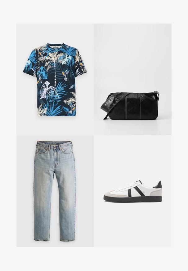 Short-sleeve cotton t-shirt featuring a navy background with bright blue and white palm leaf and bird prints. Crew neck style with a relaxed fit.; Light blue denim jeans with high waist, front button, zipper, and five-pocket design, laid flat on a neutral background.; White sneaker with black and gray accents, featuring a textured gray toe cap, black rubber sole, and flat white laces. Clean design, minimalist style.; Black leather shoulder bag with a zip closure, featuring a textured body, white stitching, and a strap with silver grommets.
