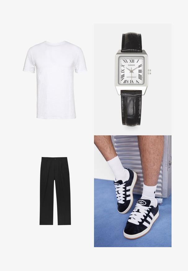 Fehér, rövid ujjú póló puha pamutból, kerek nyakkal, sima kivitelben és egyenes szabással, alkalmas mindennapi viseletre.; Fekete nadrág egyenes szárú kialakítással, sima anyagból készült. Elöl redők és egy gombos záródás található a derékon.; Fekete velúr sportcipők fehér fűzőkkel és három fehér csíkkal. A nyelvén egy kör alakú fekete logó található, valamint egy gumis talp.; Ezüst négyzet alakú óra fehér számlappal, fekete római számokkal és "WATER RESIST" felirattal. Fekete bőrszíj, texturált felülettel.