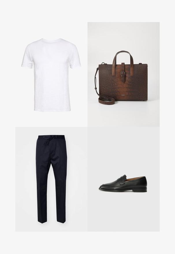 Valge lühikeste varrukatega T-särk, mis on valmistatud pehmest puuvillast, ümara kaeluse ja lihtsa disainiga, sirge lõikega, sobib igapäevaseks kandmiseks.; Tumed, kerged püksid, millel on elastne talje, reguleeritav nöör ja sirged sääred. Sile tekstuur, nähtavaid mustreid või aktsente pole.; Must musta loafers ümarate varvastega, peene tikandiga ja madala kontsaga, millel on sile tekstuur ja minimalistlik disain.; Pruun krokodillimustriga nahk käekott, millel on ülemised käepidemed ja eemaldatav õlavarrepant. Omab klambri sulgemist ja ristkülikukujulist vormi.