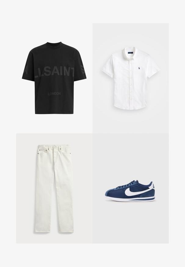 Musthave suuruses must T-särk tumedatest halli "ALLSAINTS" tekstiga rinnal ja väiksemate tähtedega all "LONDON".; Valge lühikeste varrukatega nööbiga särk, mis on valmistatud puuvillast. Omab klassikalist kraed, diskreetset tekstuuri ja sinist logo rinnal.; Valged teksased džinsid sirge lõikega, viie tasku, metallnuppude ja õmbluste aktsentidega õmbluste ääres. Sile tekstuur.; Sinised spordijalatsid, millel on sileda ja seemisnahast materjali kombinatsioon, suur valge swoosh, ümmargune varvas ja tekstureeritud välistald.