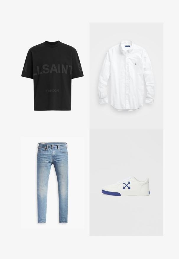 Camiseta negra de gran tamaño con el texto en gris oscuro "ALLSAINTS" en el pecho y "LONDON" en letras más pequeñas debajo.; Camisa blanca de manga larga de algodón con botones. Presenta un cuello clásico, puños con botones y un pequeño logo bordado en azul marino en el pecho.; Jeans ajustados de color azul claro con un ligero desgaste en los muslos, cierre frontal con botón, trabillas para cinturón y estilo de cinco bolsillos sobre un fondo blanco.; Zapatilla blanca con superficie texturizada, detalle azul en la puntera y el logo, cierre con cordones y suela plana de goma.