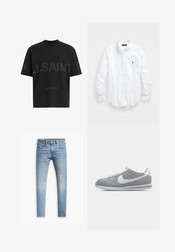Crna oversize majica s tamnosivim natpisom "ALLSAINTS" preko prsiju i "LONDON" manjim slovima ispod.; Bijela košulja dugih rukava s gumbima izrađena od pamuka. Ima klasični ovratnik, gumbaste manžete i mali brodasti logo u tamnoplavoj boji na prsima.; Svijetloplave traperice s uskim krojem, dizajnom s pet džepova i suptilnim izbljeđenjem. Sadrže kopčanje na gumb i šivani rub.; Sive sportske tenisice s gornjim dijelom od antilopa i tekstila, bijelim Nike swooshom i bijelim vezicama. Imaju teksturirani gumeni đon i podstavljeni ovratnik.